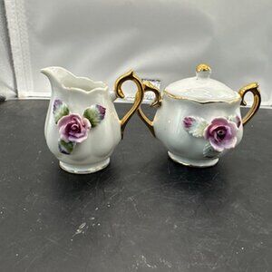 Mini Procelain Creamer and Sugar Set with 3D Rose Made in Japan
